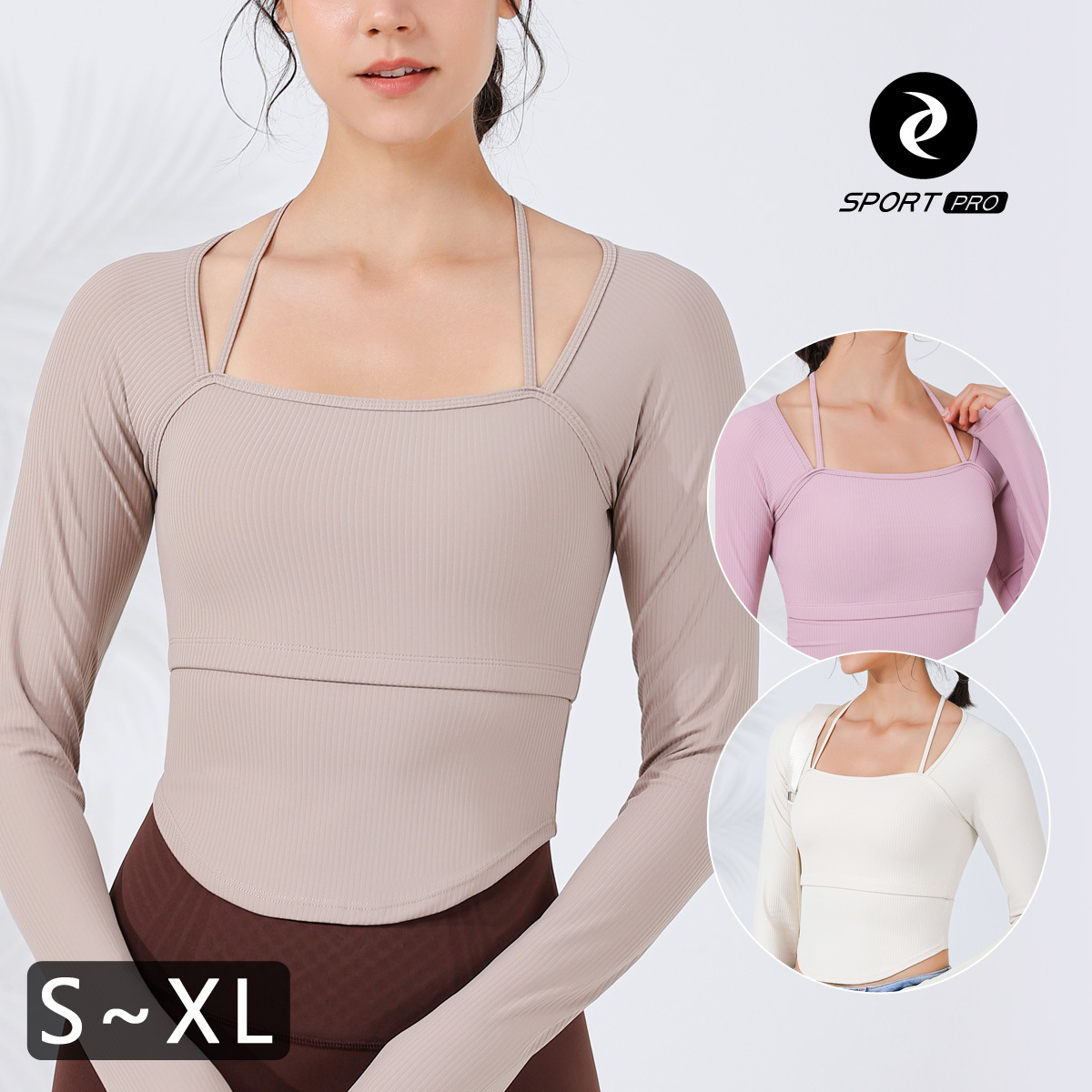 直紋掛頸含罩杯圓擺瑜珈/運動/機能長袖*