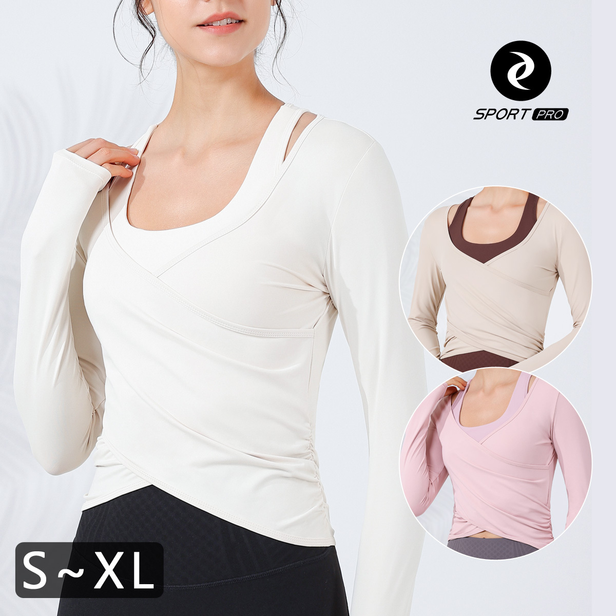 大V交叉縮褶瑜珈/運動/機能長袖*