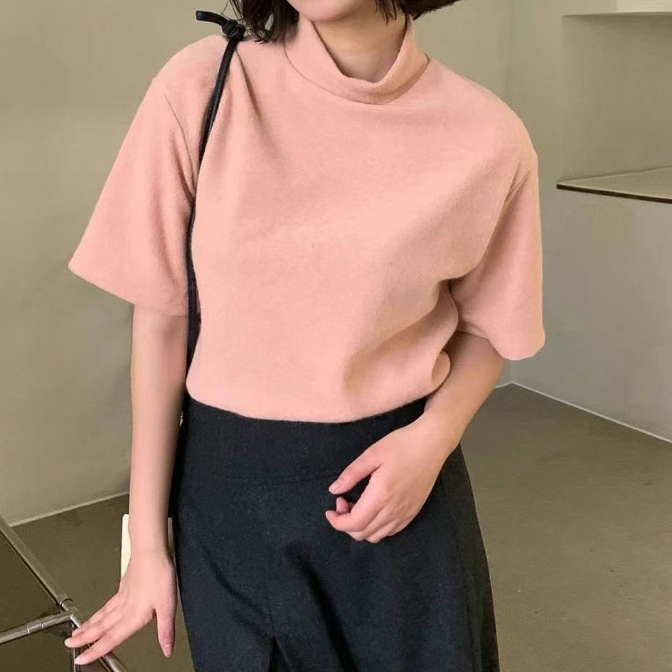 羊毛鬆立領短袖T(粉)