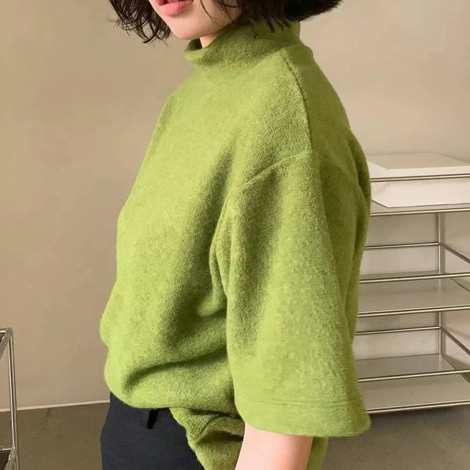 羊毛鬆立領短袖T(粉)