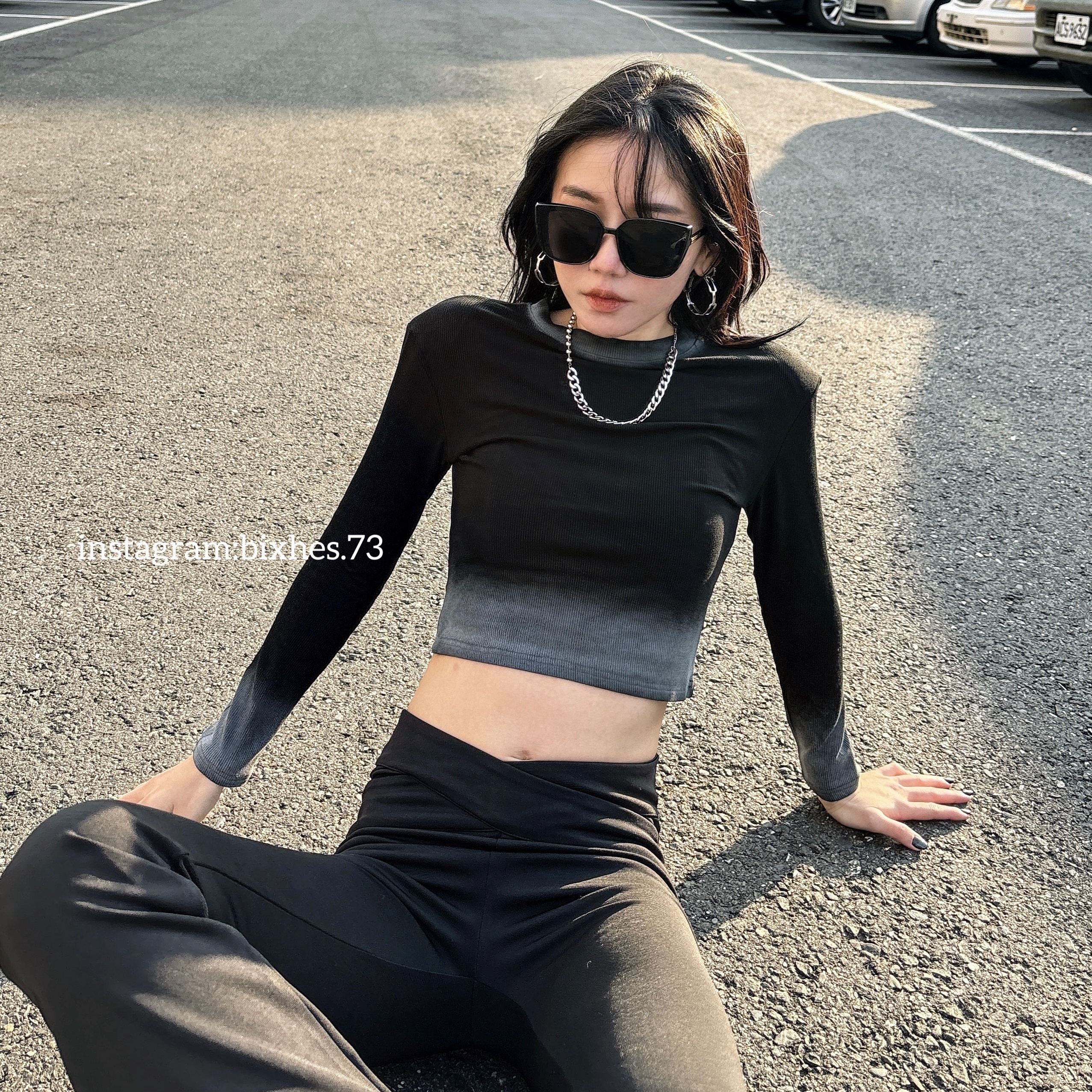 美式漸層墊肩短版長T(B00064)