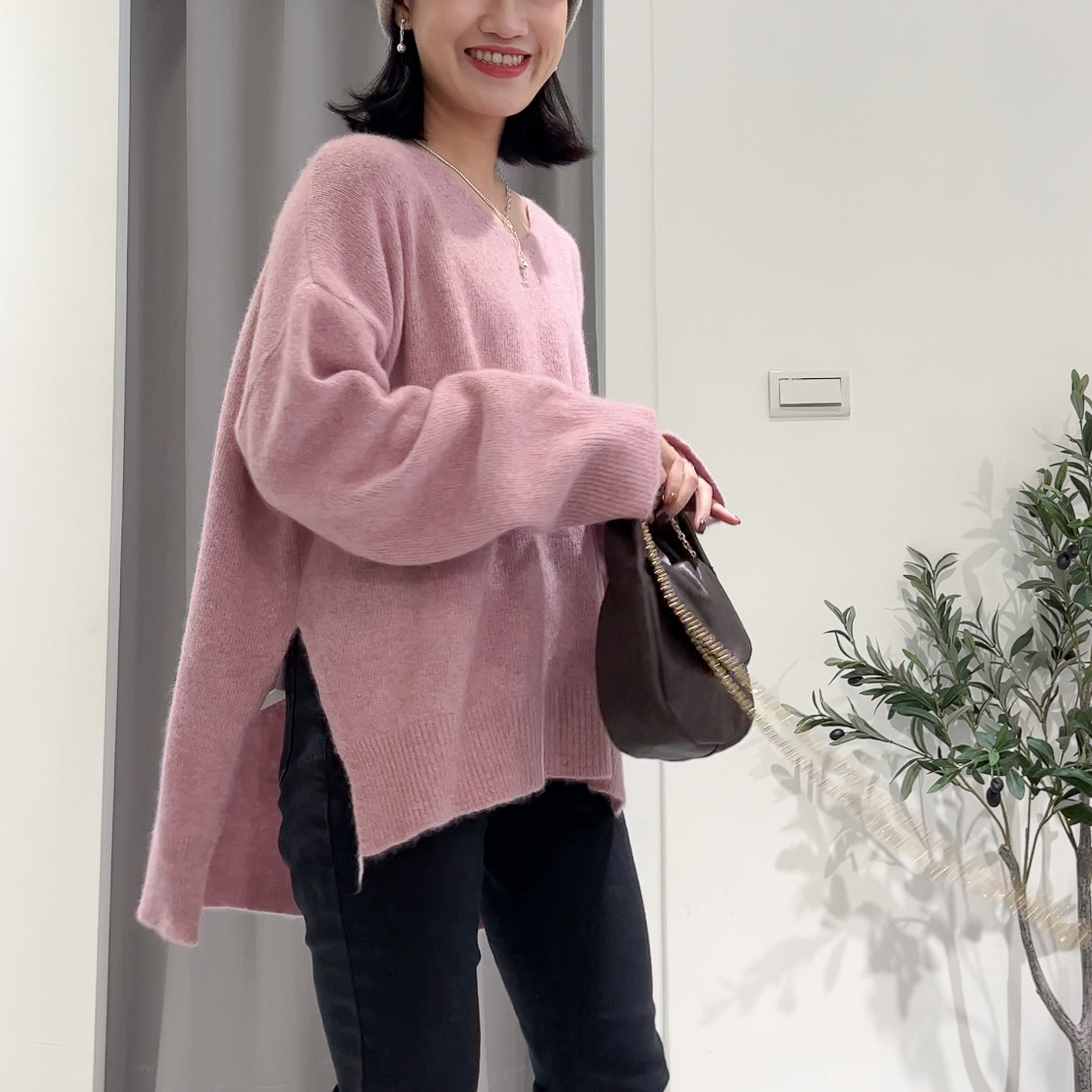 K39高級毛料V領雙側開衩衣(粉)