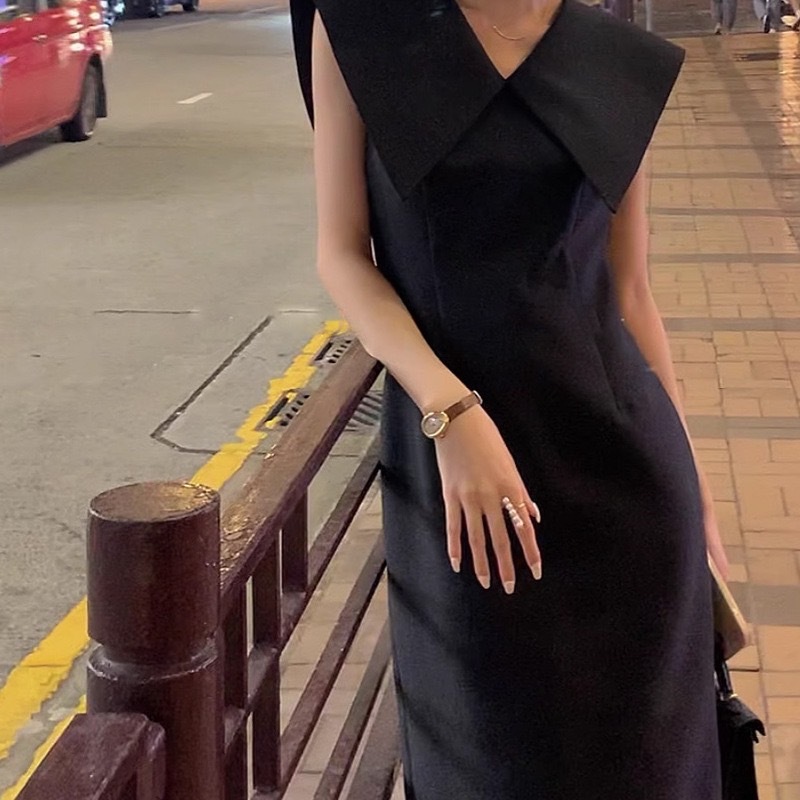 優雅氣質 大翻領緞面輕禮服(黑/白)