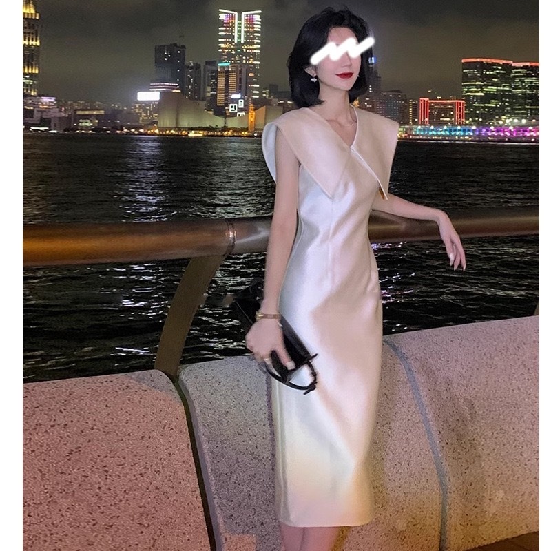 優雅氣質 大翻領緞面輕禮服(黑/白)