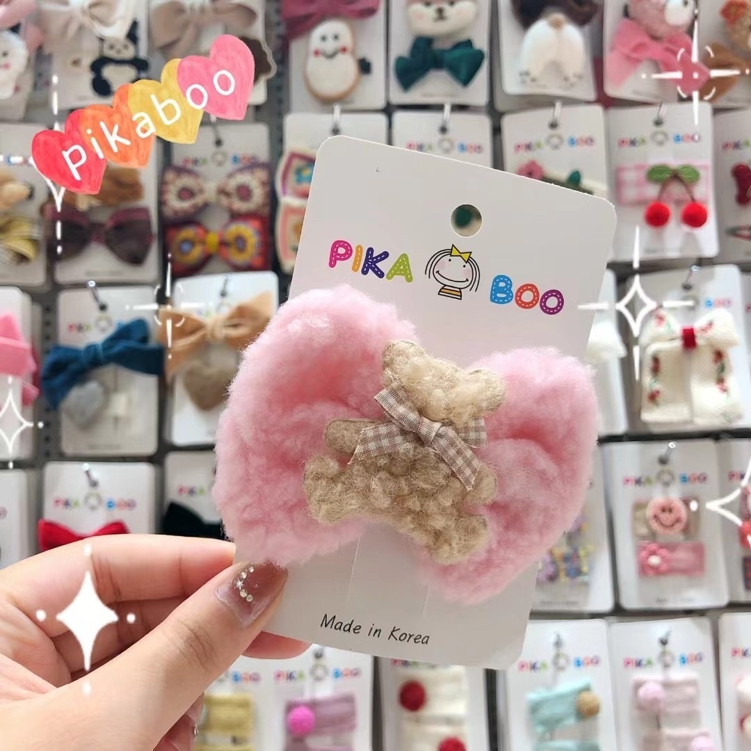 Pikaboo 韓國製 毛毛熊仔蝴蝶結鴨嘴髮夾 (粉紅蝴蝶結）