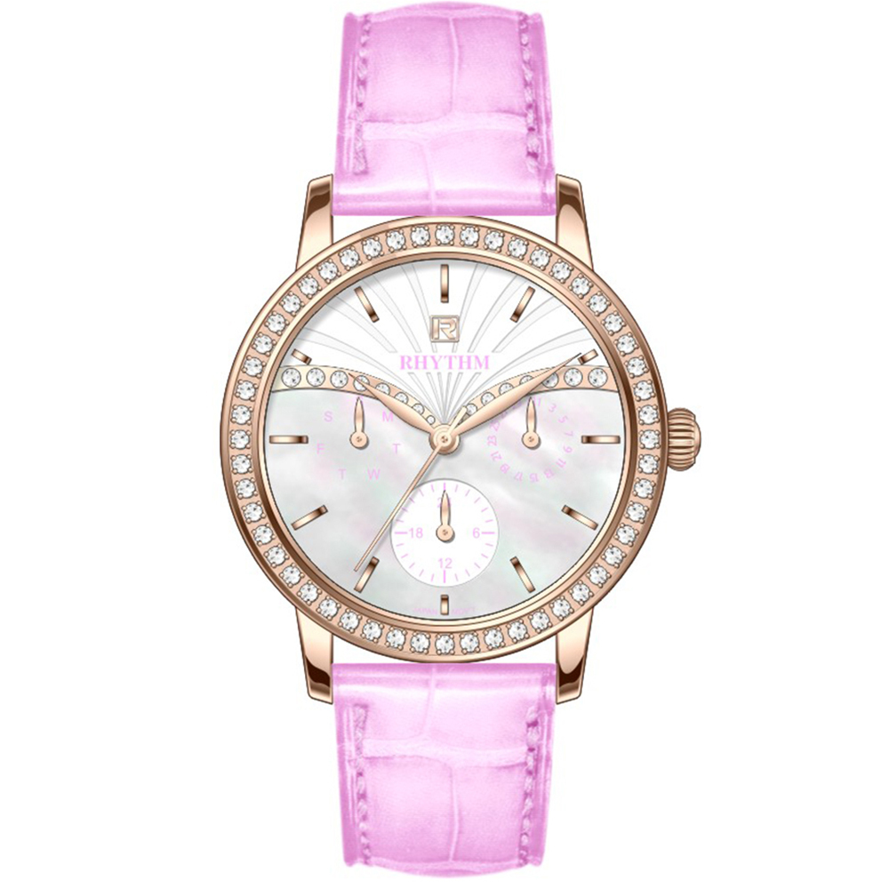 【Rhythm 麗聲】珍珠貝母三眼六針皮革手錶-F1401L 小錶徑女款
