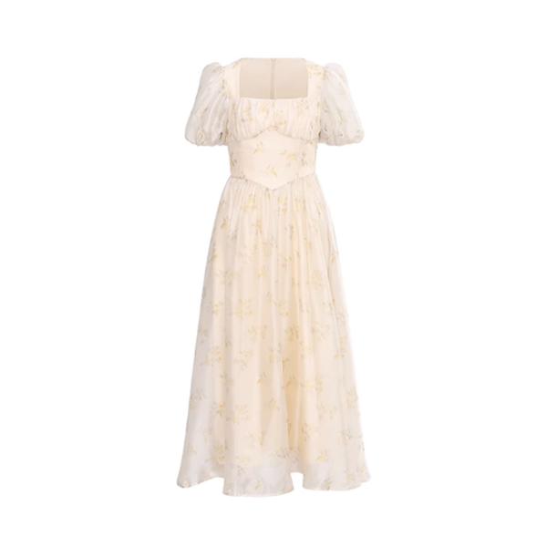 Square neck puff sleeve A-line dress