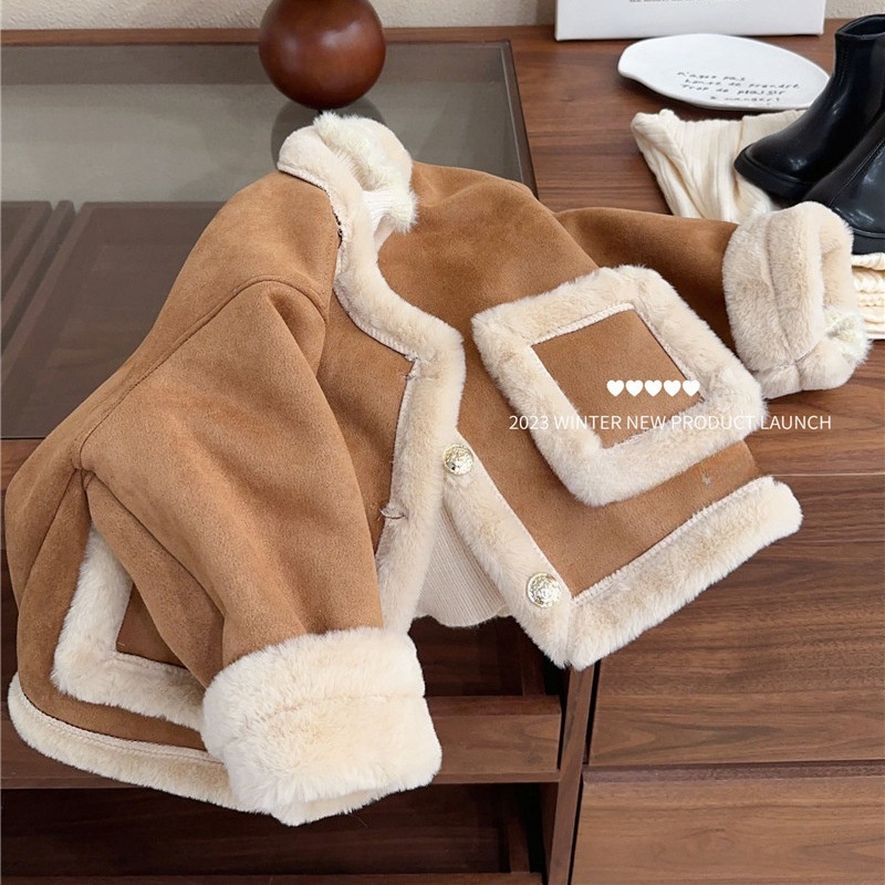 Suede thick plush khaki jacket