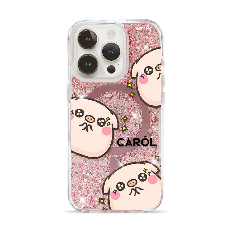 【插畫聯名】萌萌豬 我就圓滾滾 (MagSafe兼容) 玫瑰金貝拉殼 - (訂製名字) iPhone客製化手機殼
