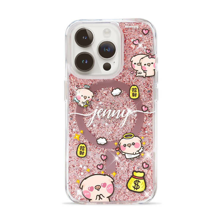 【插畫聯名】萌萌豬 滿滿萌萌豬 (MagSafe兼容) 玫瑰金貝拉殼 - (訂製名字) iPhone客製化手機殼