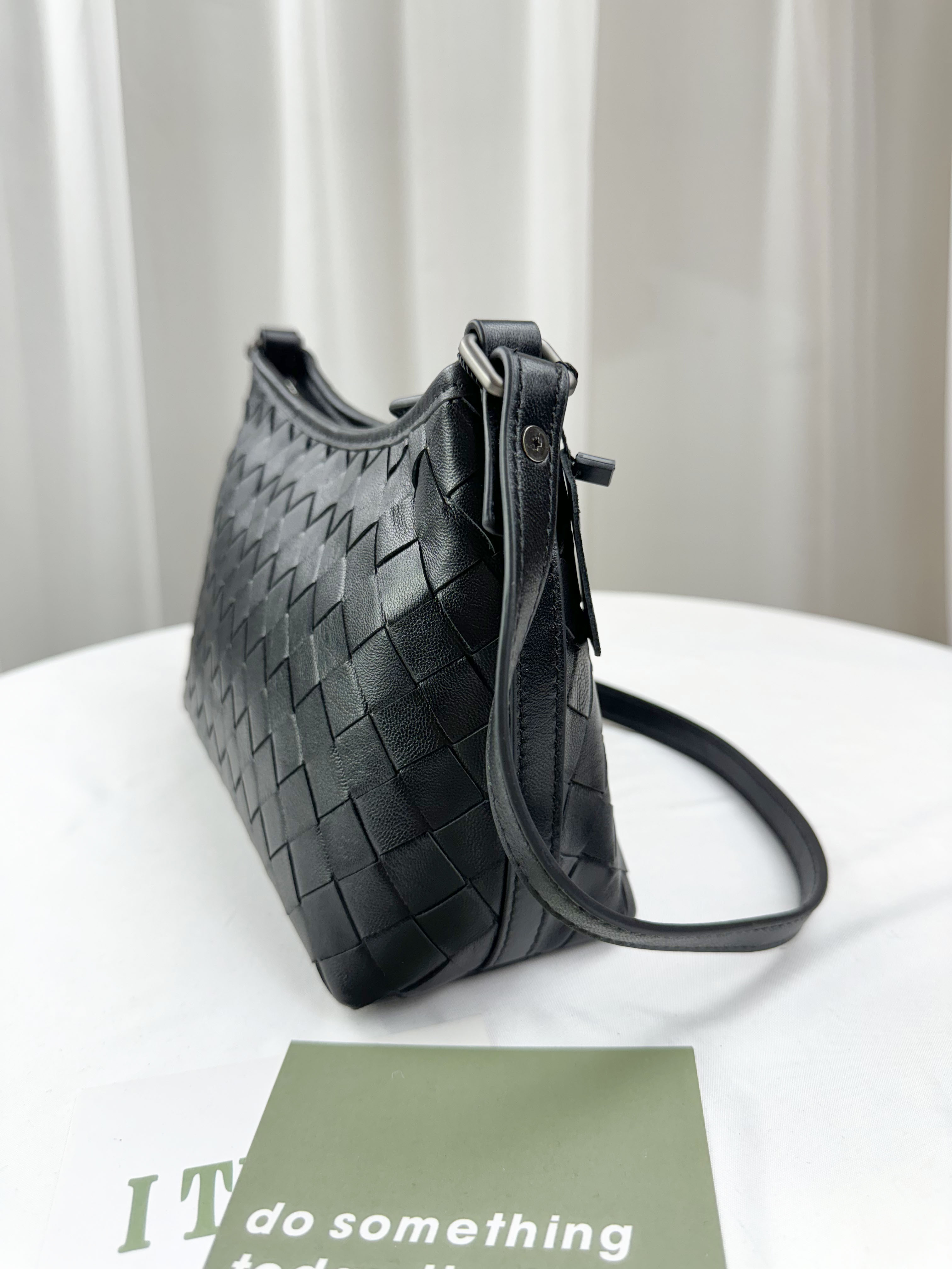 高級黑 細編織真皮牛皮側背包 #SM-3016