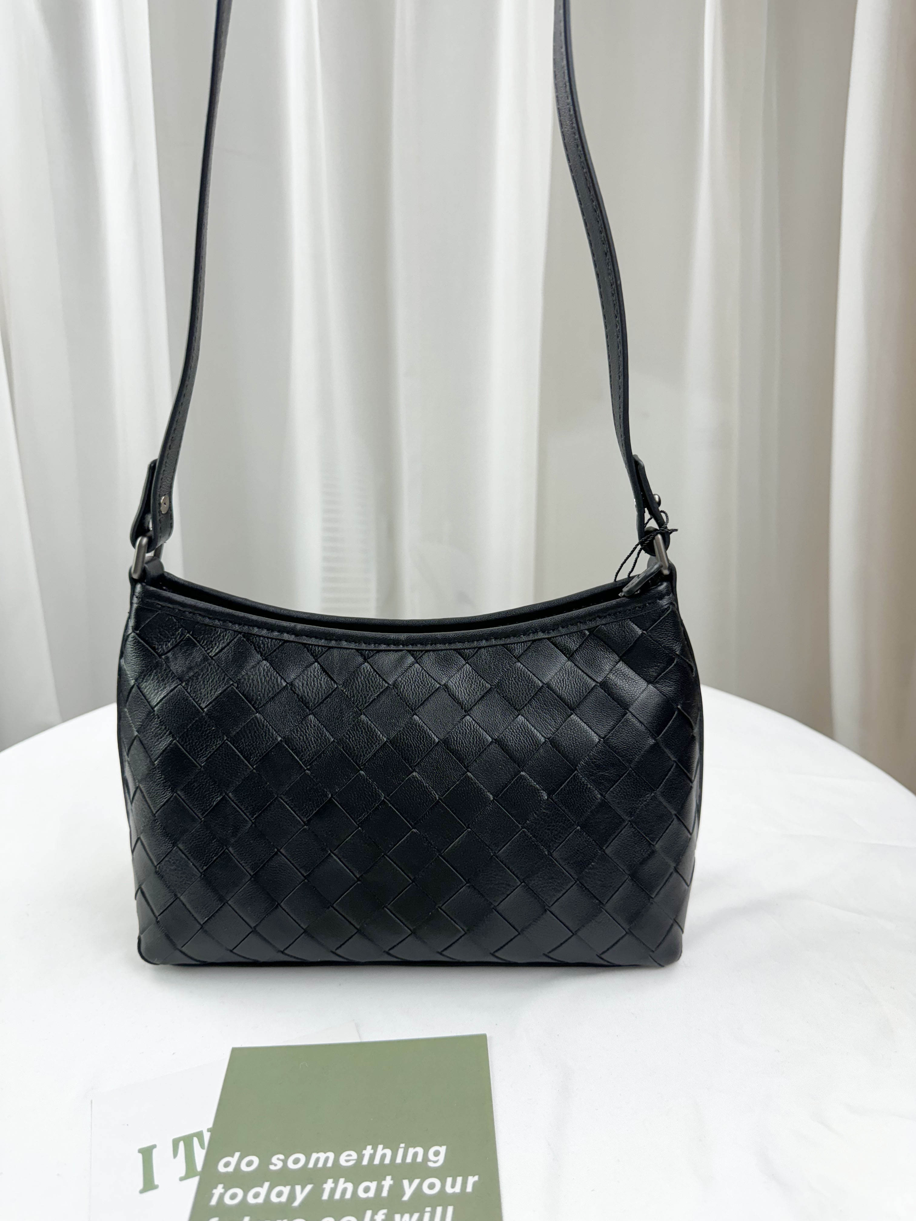 高級黑 細編織真皮牛皮側背包 #SM-3016