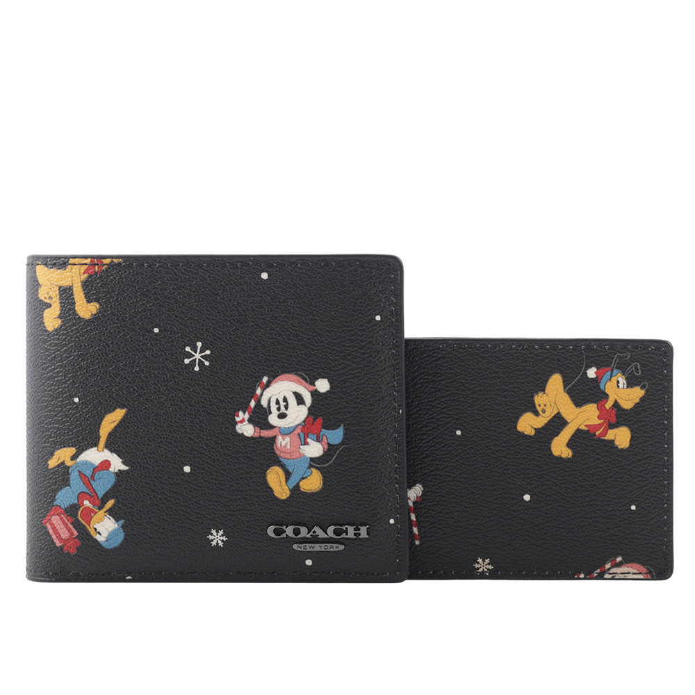 【COACH 】Disney X Coach 米奇唐老鴨假期圖案附證件夾對開短夾(黑色) CM181 QBM2