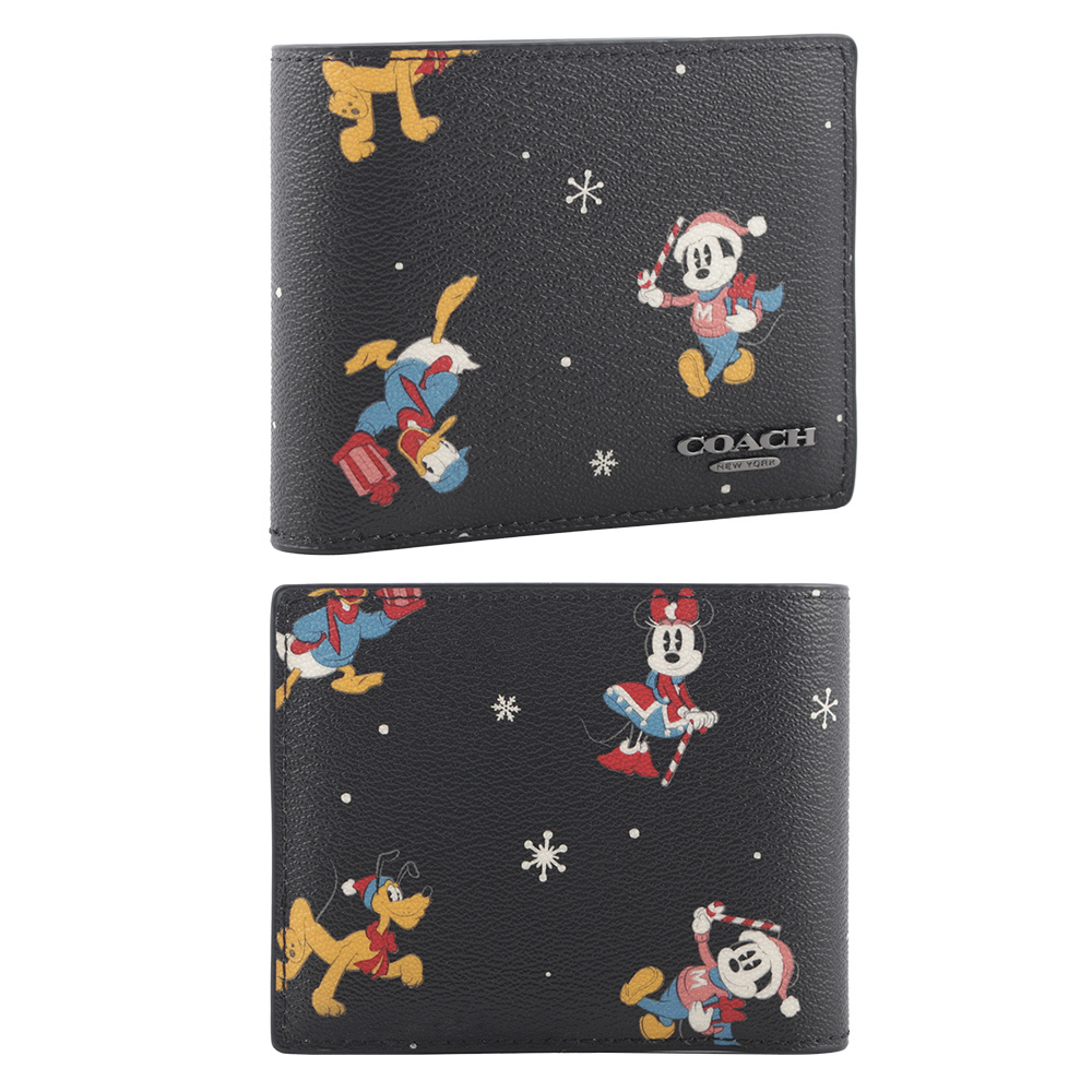 【COACH 】Disney X Coach 米奇唐老鴨假期圖案附證件夾對開短夾(黑色) CM181 QBM2
