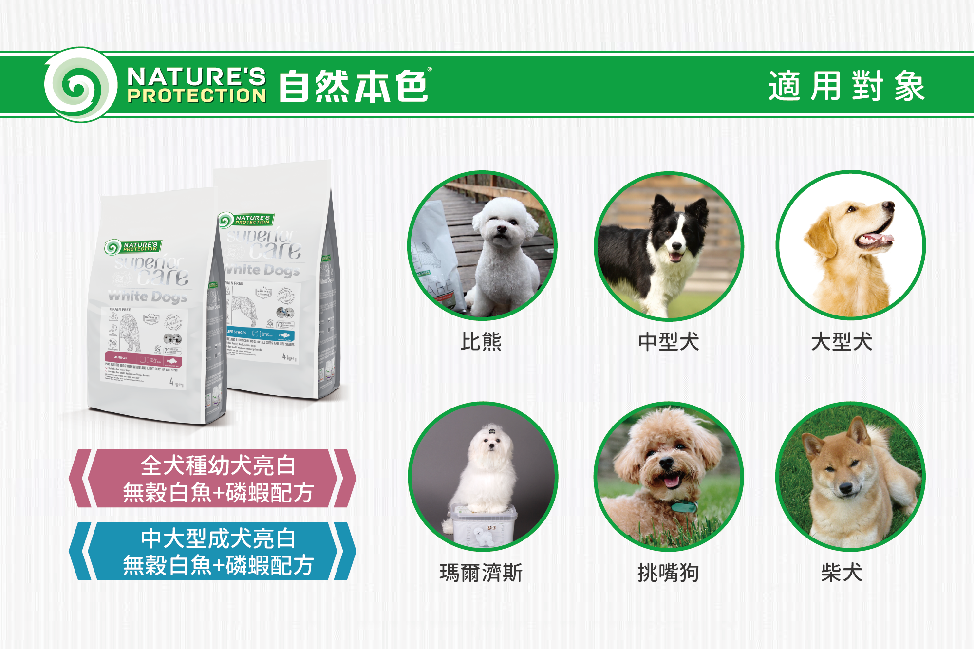 淚痕改善 網友推薦首選 自然本色®全犬種 幼犬 成犬 亮白無穀白魚+磷蝦配方 適用對象 比熊 中型犬 瑪爾濟斯 挑嘴狗 柴犬 大型犬 中顆粒