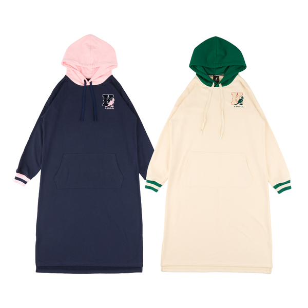 KANGOL 洋裝 米白綠 深藍粉 撞色 連帽 連身 長版T 女 63521581-