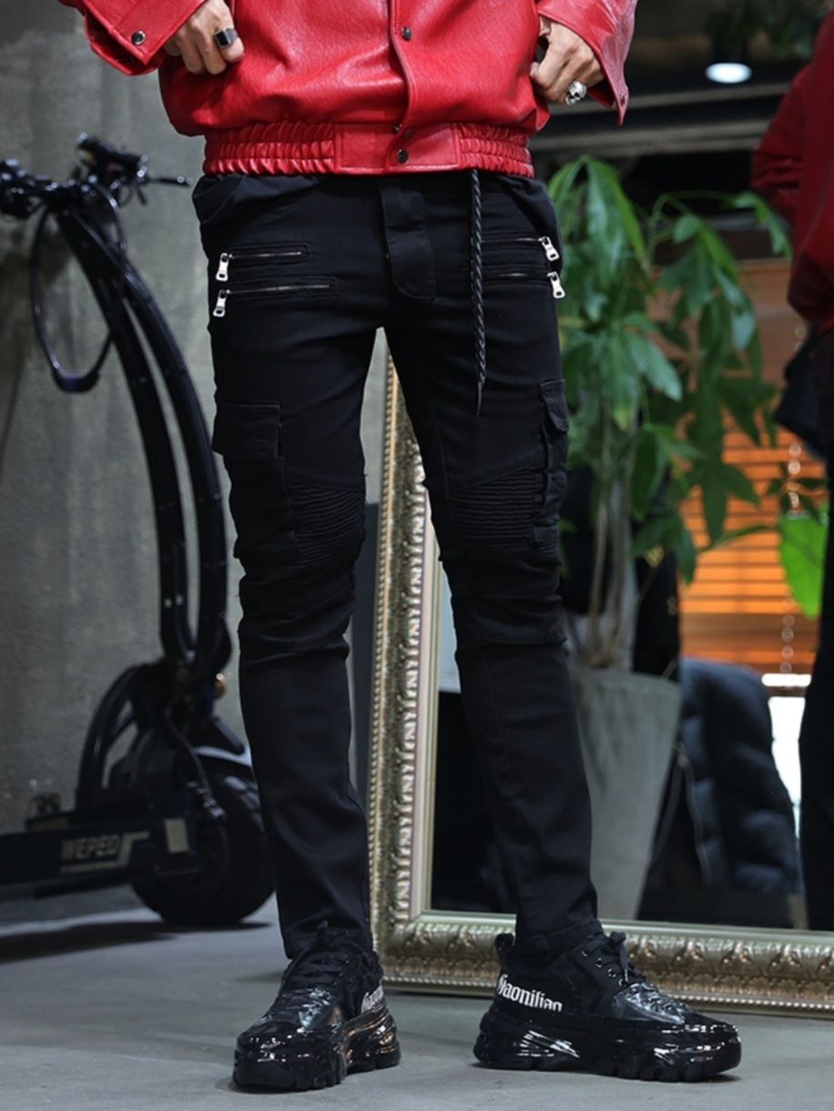 多拉鏈黑色賽車牛仔褲