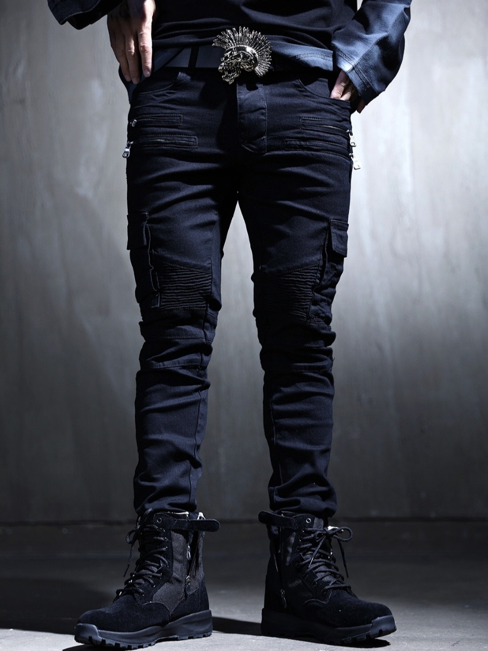 多拉鏈黑色賽車牛仔褲