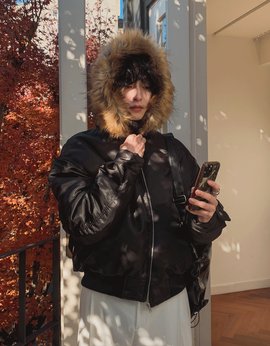 浣熊毛連帽羽絨飛行外套