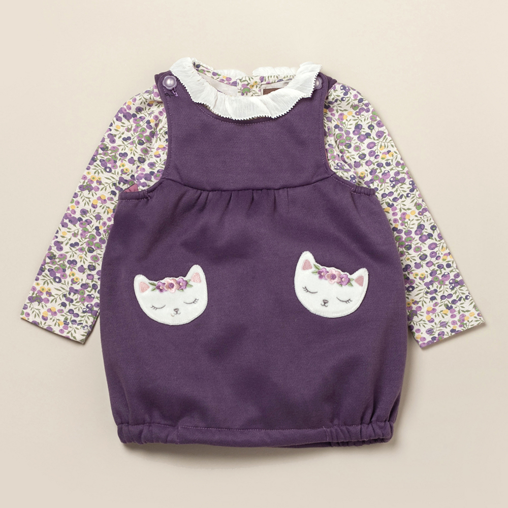PIPPY 優雅小貓兩件式圓領碎花長袖洋裝 紫