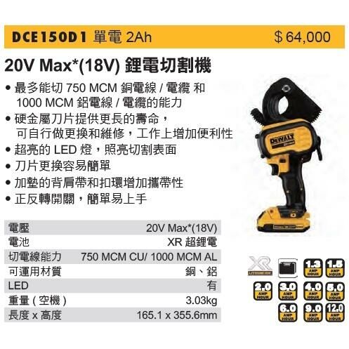 ＊中崙五金【附發票】得偉 20V電纜電線切割機 DCE150D1 可運用材質:銅、鋁 (主機+2.0電池*1+充座+箱)