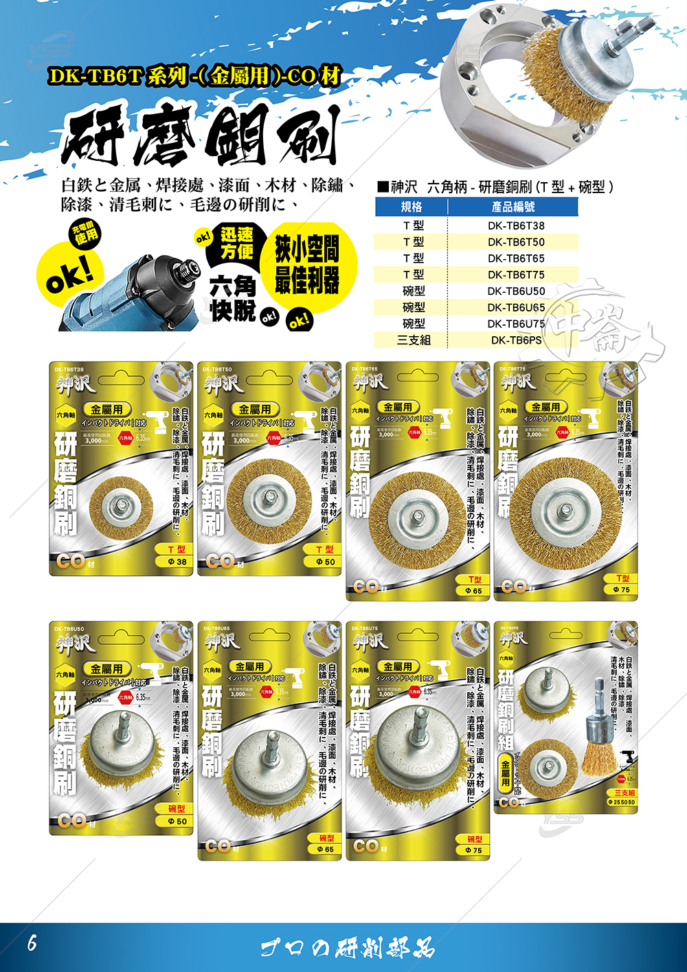 ＊中崙五金【附發票】神沢 研磨鐵六角軸碗型銅刷 DK-TB6U50/DK-TB6U65/DK-TB6U75