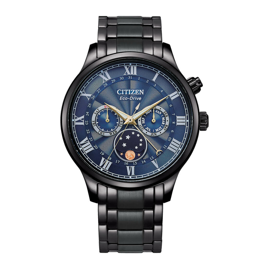 Citizen 星辰 AP1055-87L Eco-drive Blue Dial With Black Stainless Steel Strap Men Watch 光動能 月相錶 羅馬刻度 藍寶石水晶玻璃 不鏽鋼手錶 藍x鍍黑 42mm