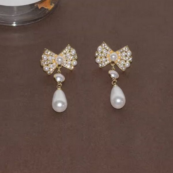 Pearl Bow Tassel Earrings