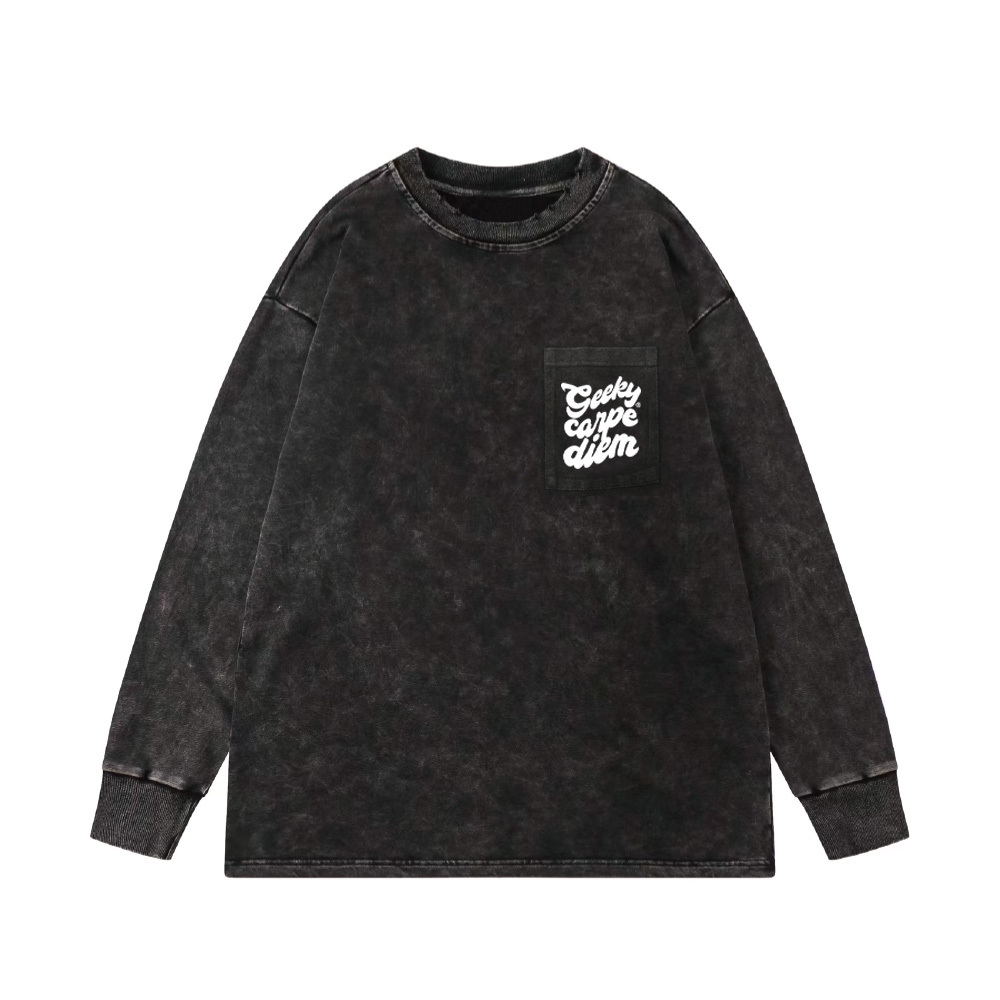 GEEKY 波型標語水洗口袋長袖T