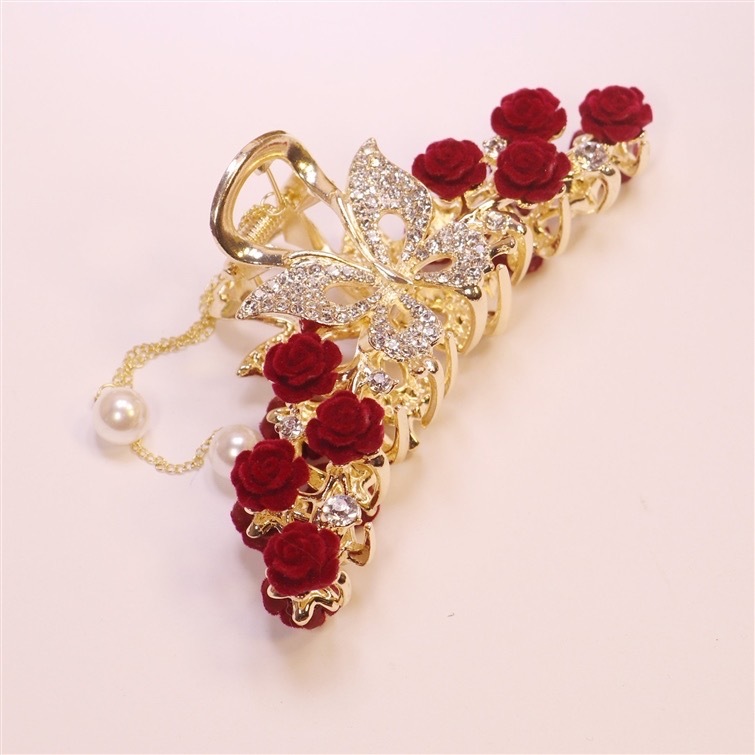 High-end Red Rose Butterfly Tassel Claw Clip