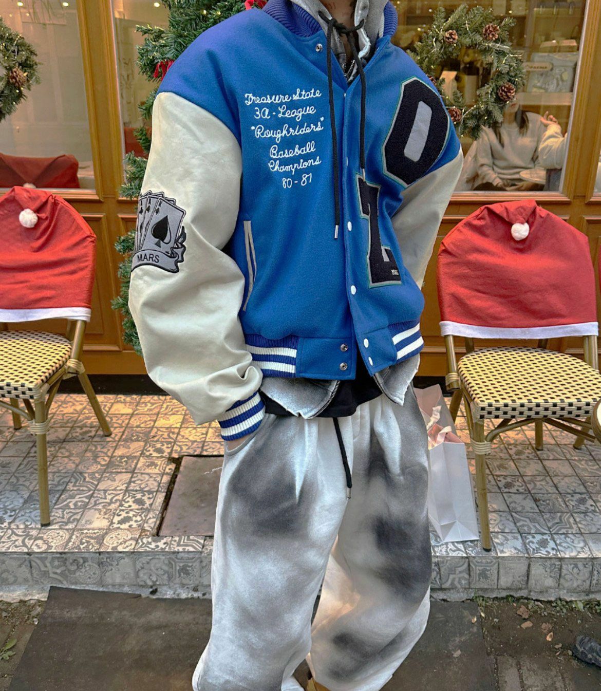 拼皮袖圖案襟章棒球褸(薄夾棉) DEAN-020JK