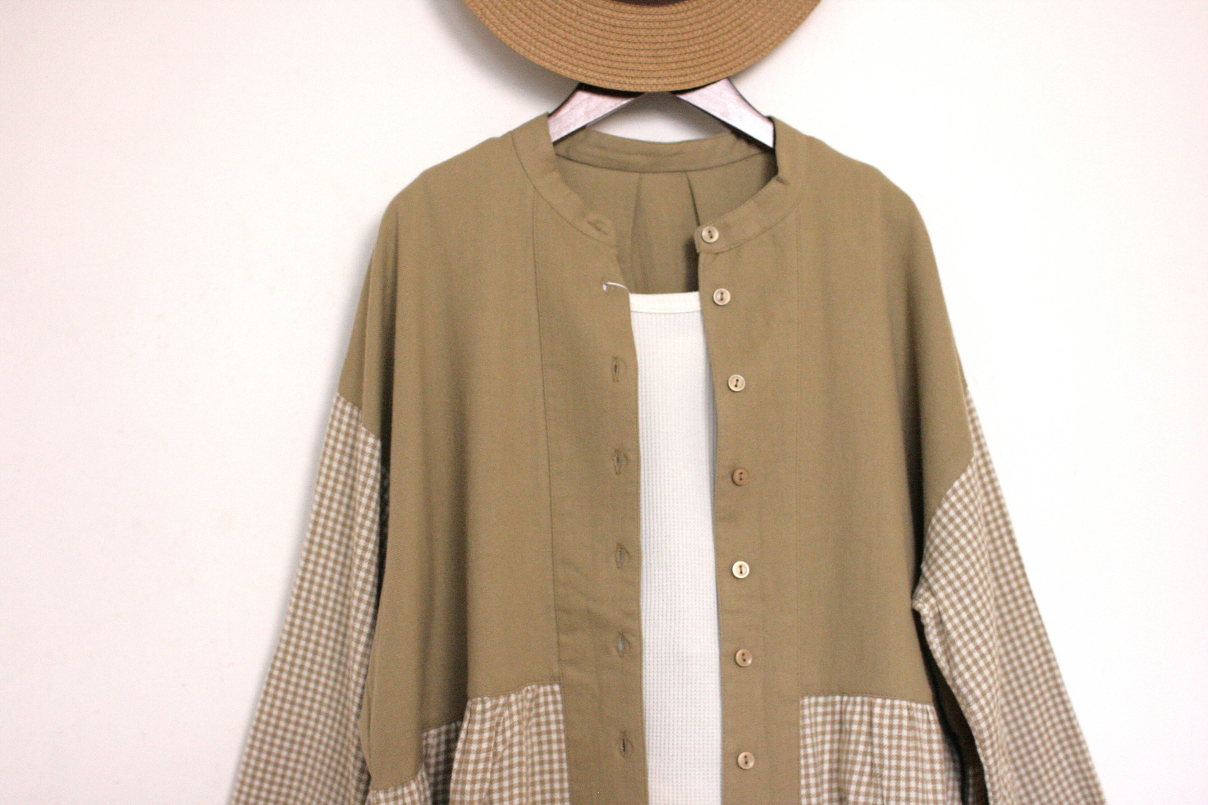 ｛Special Price｝文青風米色格子開襟無領上衣【日本直送】