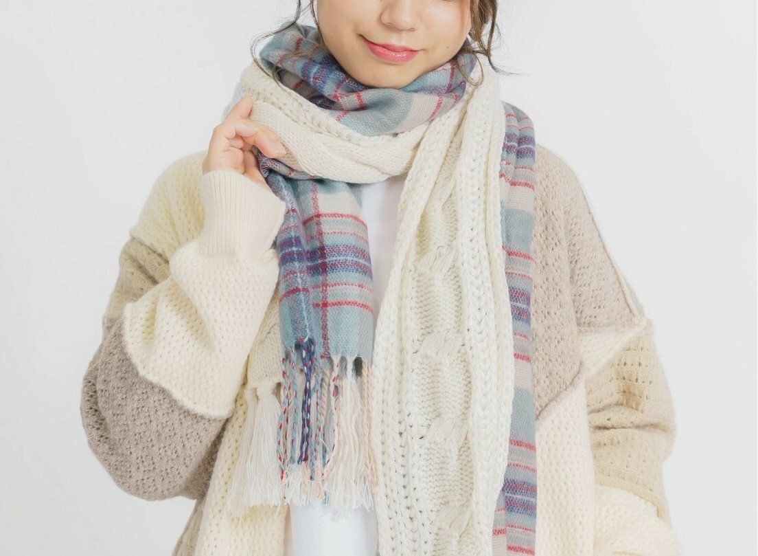 絞花X格子拼接頸巾【日本直送】