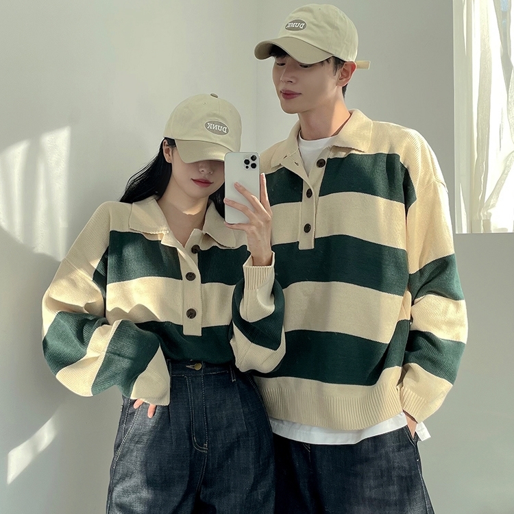 條紋針織POLO上衣(三色)