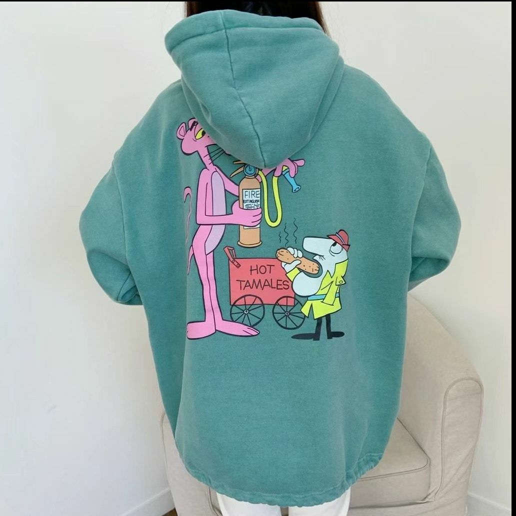 洗水傻豹圖案連帽衛衣(薄抓毛底) T5294