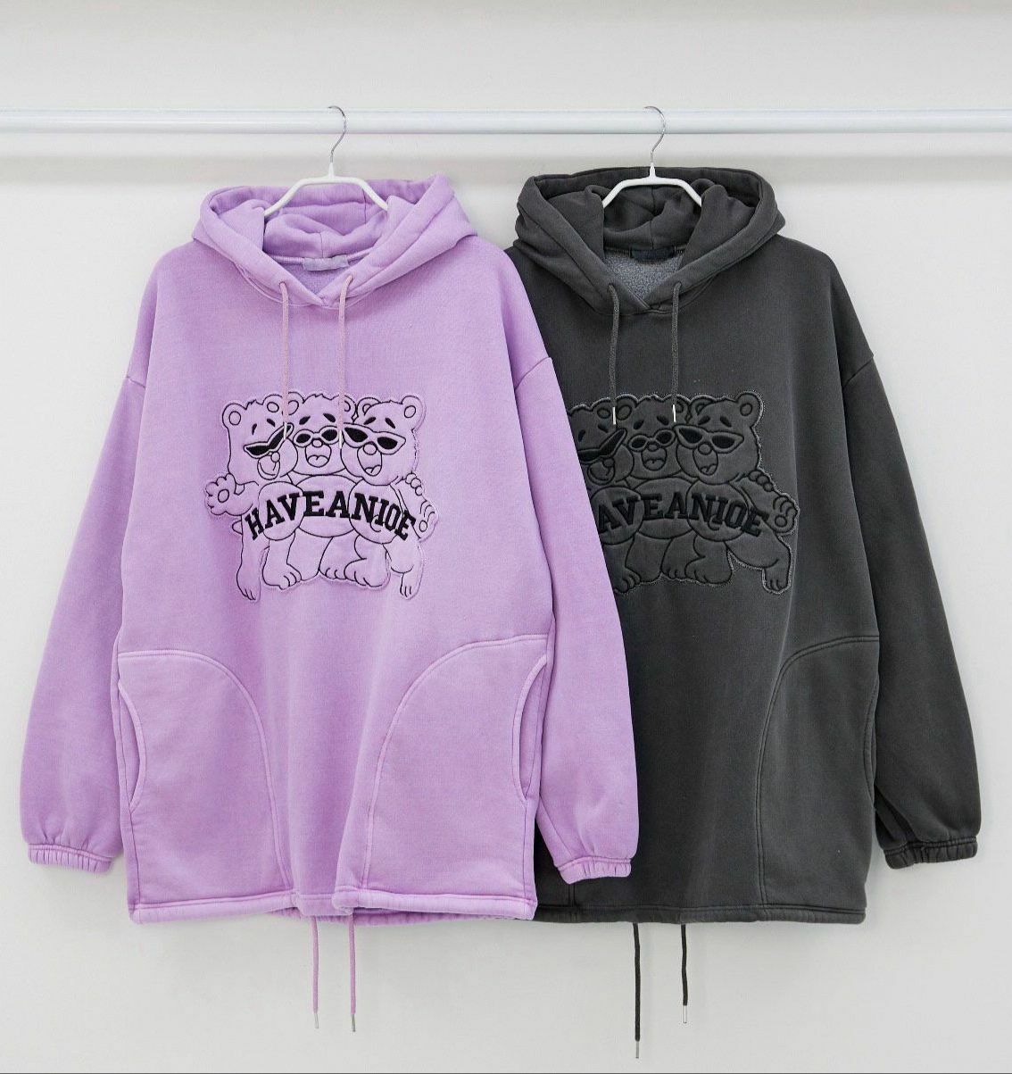 洗水熊仔圖案連帽衛衣(薄抓毛底) T5296