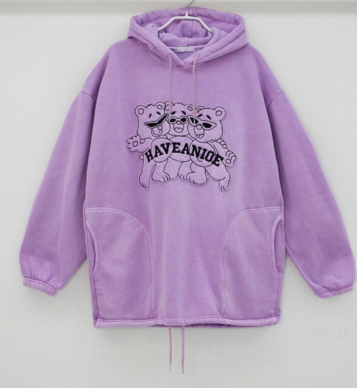 洗水熊仔圖案連帽衛衣(薄抓毛底) T5296