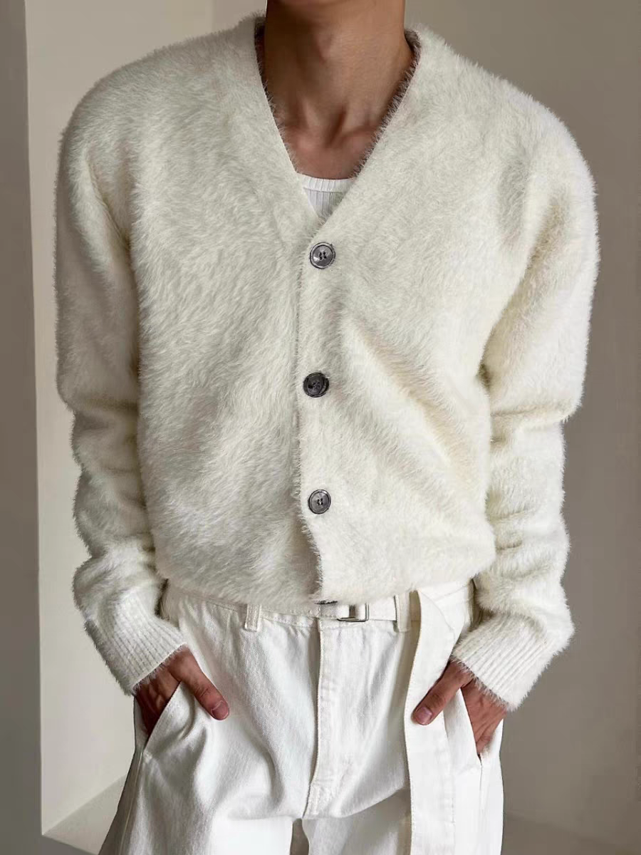 安哥拉馬海毛V領開襟外套