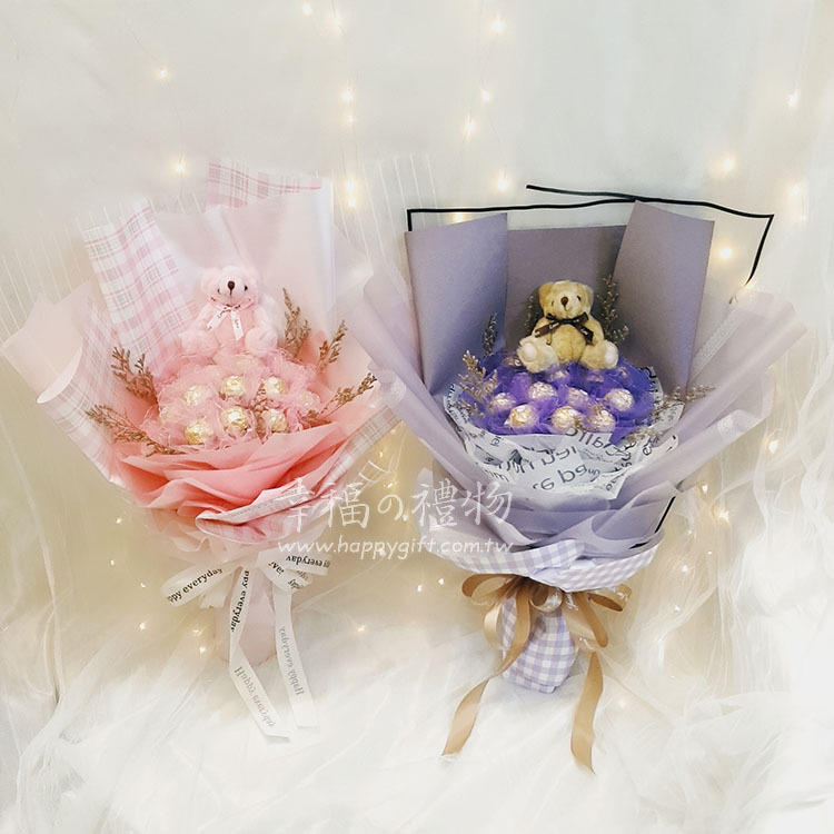 小熊金莎花束,紫色粉色金莎花束,桃園花束,桃園幸福禮物花店,桃園外送花束