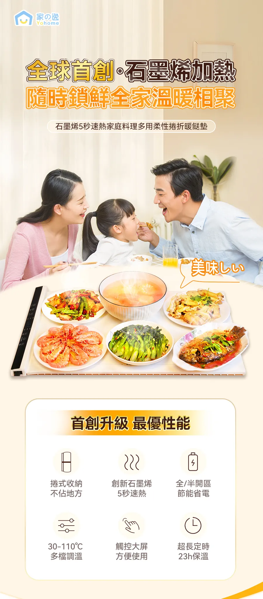 Yohome石墨烯5秒速熱家庭料理多用柔性捲折暖餸墊【10/19 截單，預計 :10月尾至11月中發貨】】