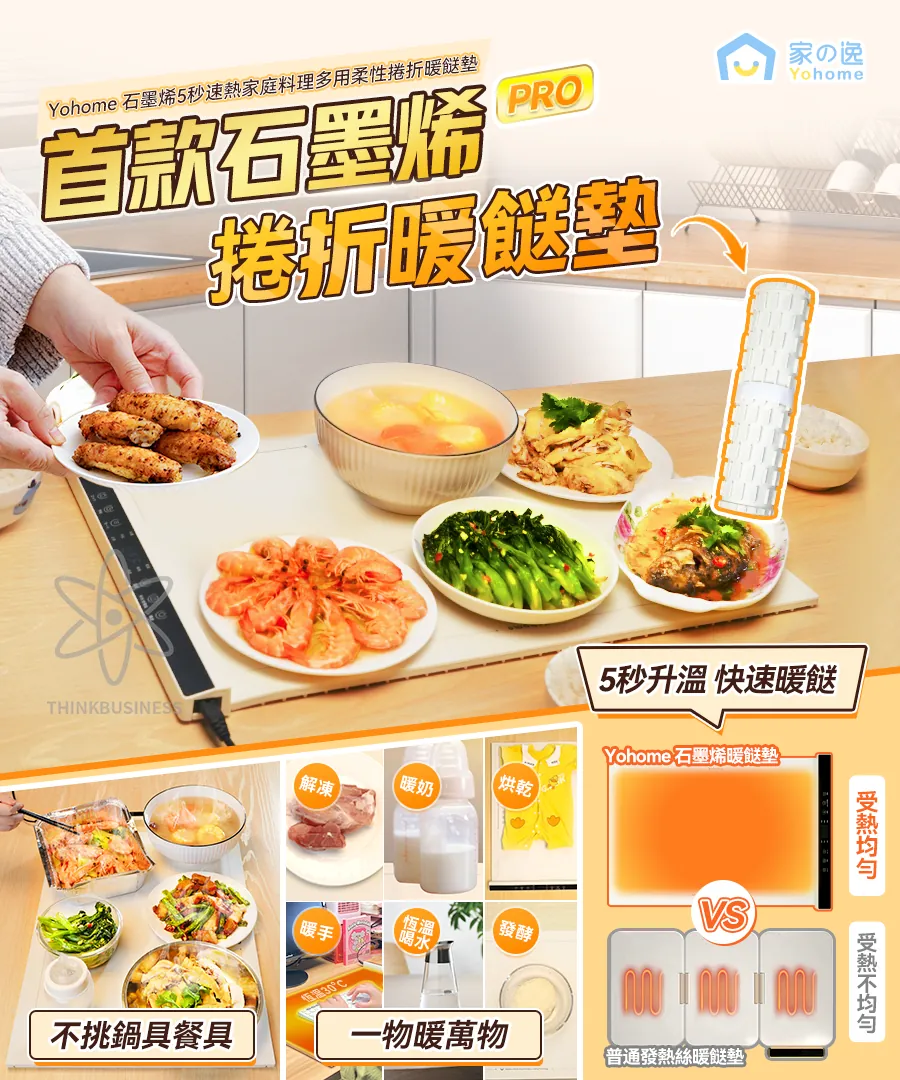 Yohome石墨烯5秒速熱家庭料理多用柔性捲折暖餸墊【10/19 截單，預計 :10月尾至11月中發貨】】