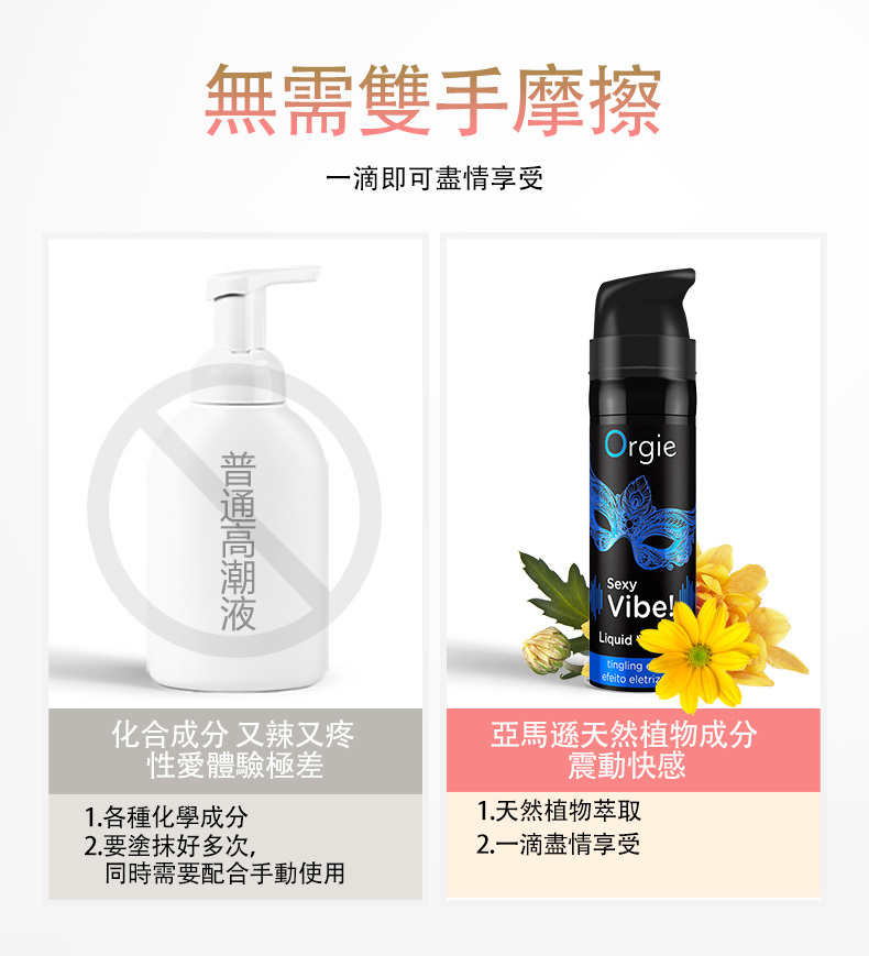無需雙手摩擦一滴即可盡情享受OrgieSexyVibeLiquid!tinglingefeito eletriz化合成分又辣又疼性愛體驗極差1. 各種化學成分2.要塗抹好多次,同時需要配合手動使用亞馬遜天然植物成分震動快感1.天然植物萃取2.一滴盡情享受