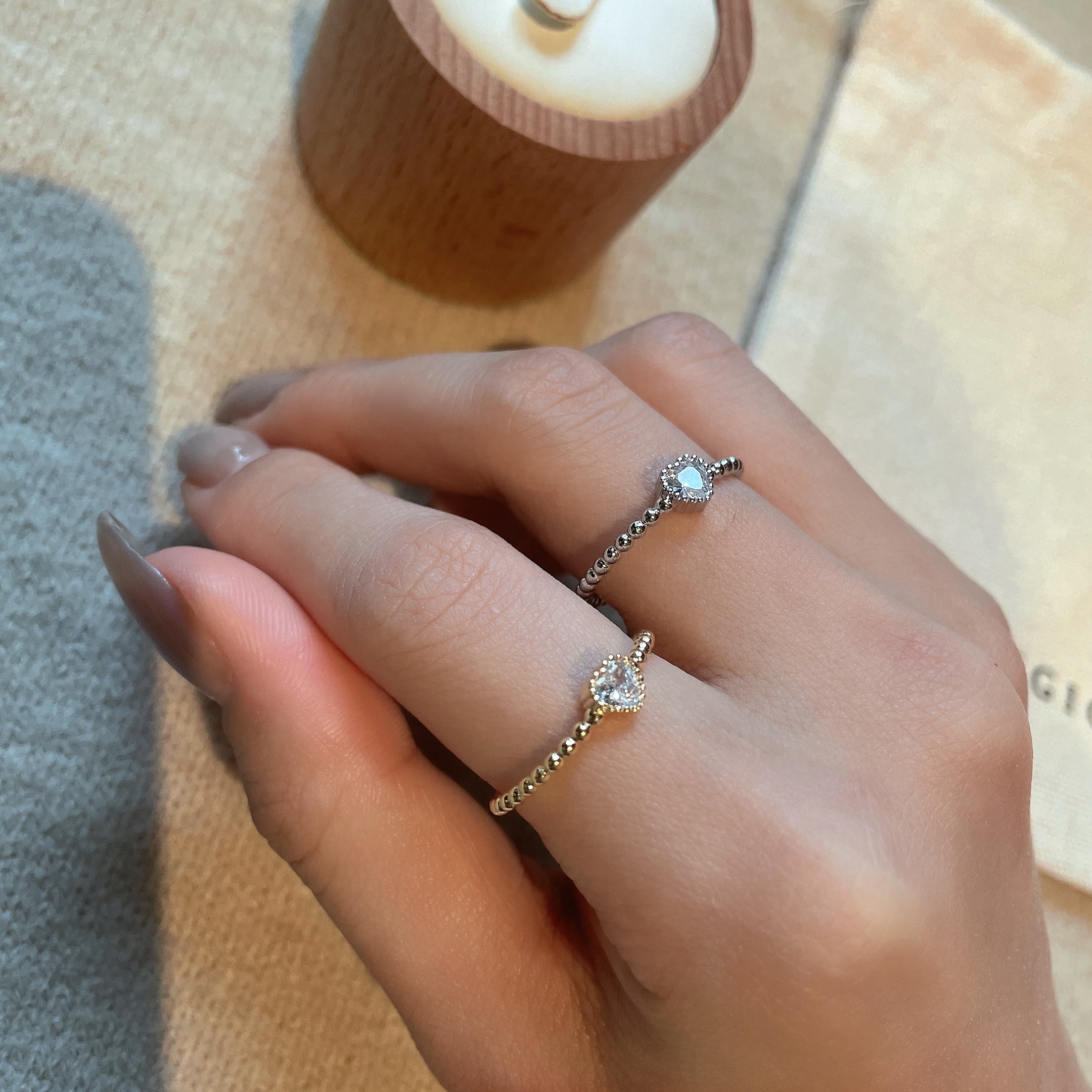 18k水光愛心鑽珠 開口戒指