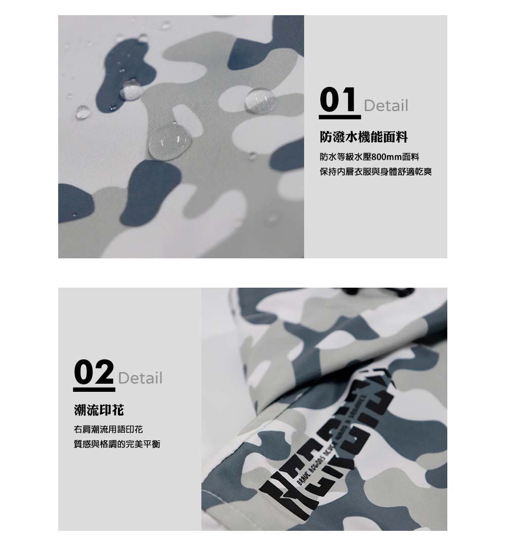 防潑水機能面料:防水等級水壓800mm面料，保持內層衣服與身體舒適乾爽。潮流印花:右肩潮流用語印花，質感與格調的完美平衡。