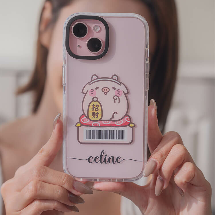 【插畫聯名】萌萌豬 我要招財 - (訂製名字) 防摔撞白殼  iPhone客製化手機殼