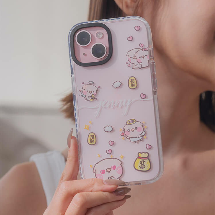 【插畫聯名】萌萌豬 滿滿萌萌豬 - (訂製名字) 防摔撞白殼  iPhone客製化手機殼