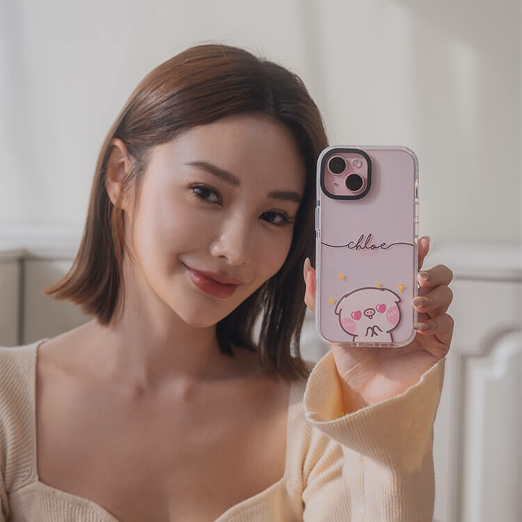 【插畫聯名】萌萌豬 黑皮萌萌豬 - (訂製名字) 防摔撞白殼  iPhone客製化手機殼