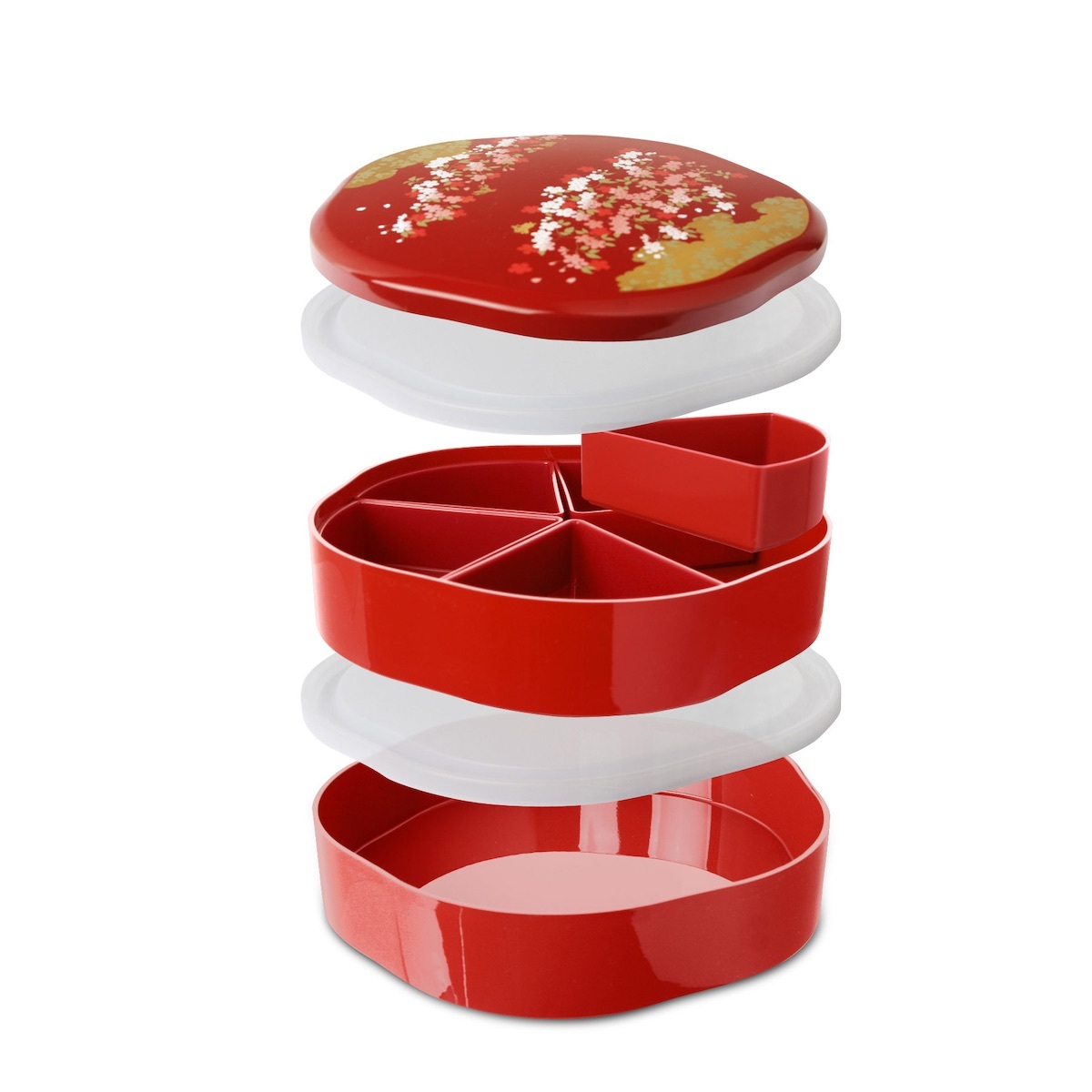 ミタニ 山中漆器 日本製 23cm 梅型 朱 福梅 2層漆器全盒 -K14458-1R