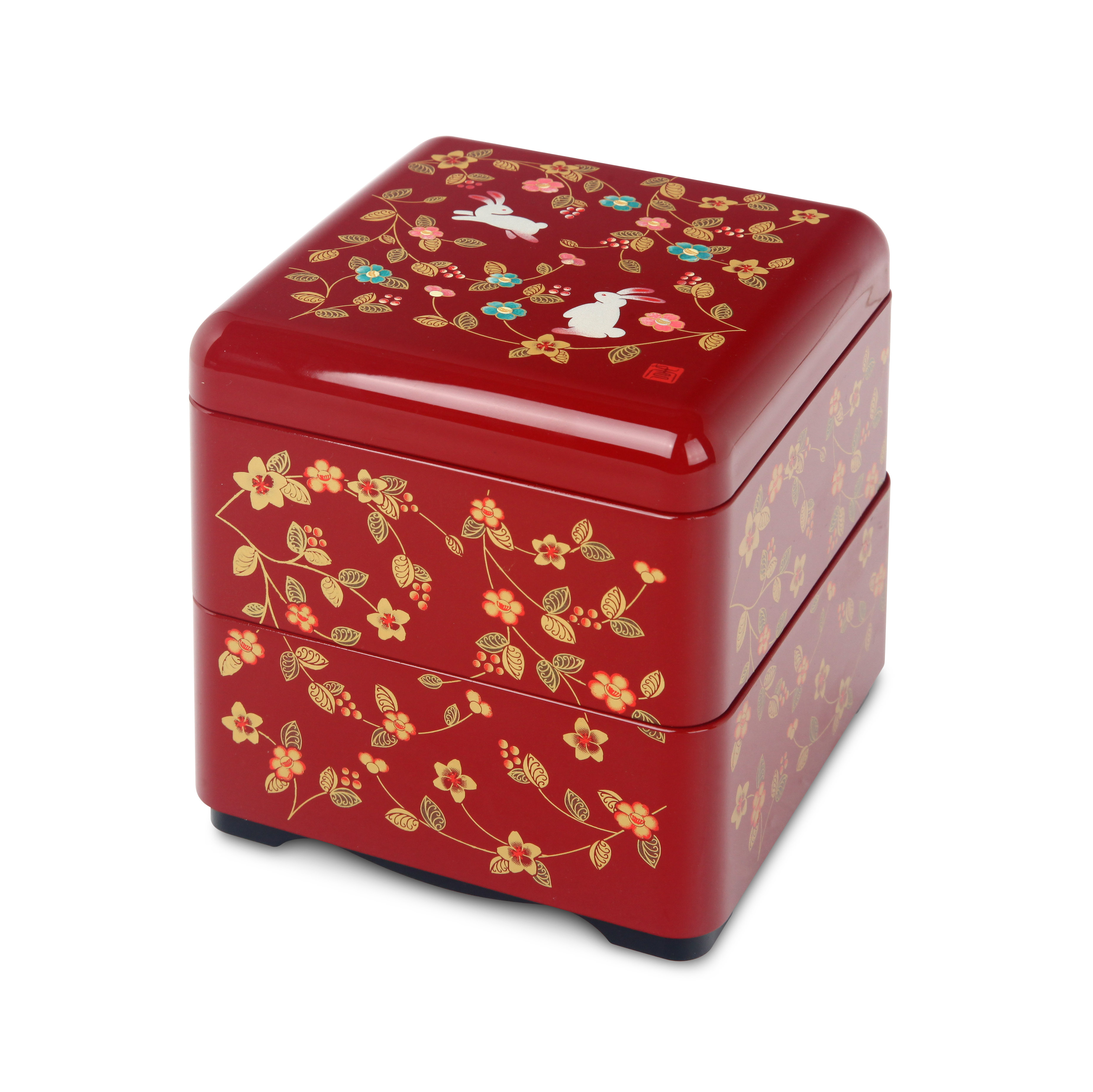 ミタニ 山中漆器 日本製 13.5cm 方型 朱 花の小路 2層漆器全盒 -M15397-A