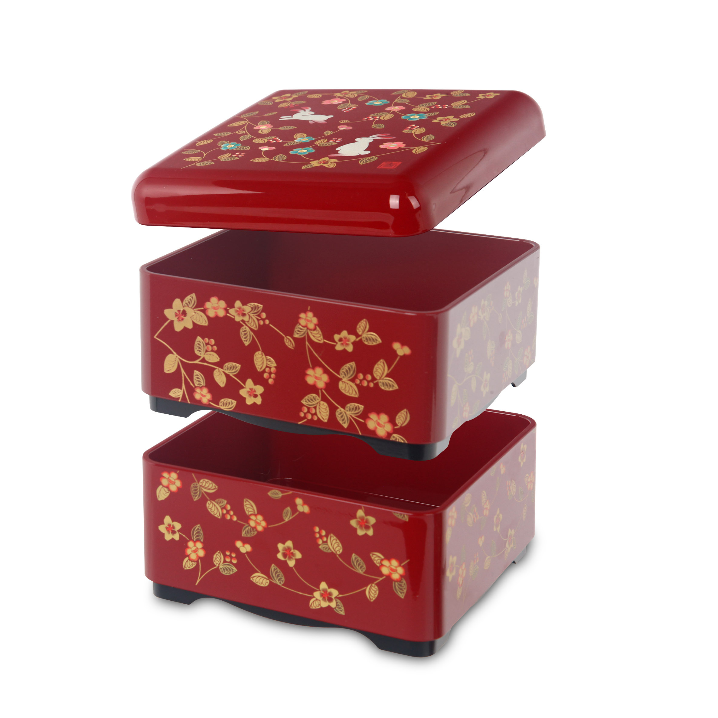 ミタニ 山中漆器 日本製 13.5cm 方型 朱 花の小路 2層漆器全盒 -M15397-A